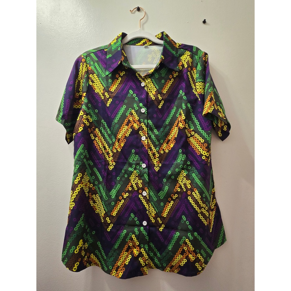 Mardi Gras Shirt Womens Retro Zigzag Pattern Short Sleeve‎ Button Down Shirt Top